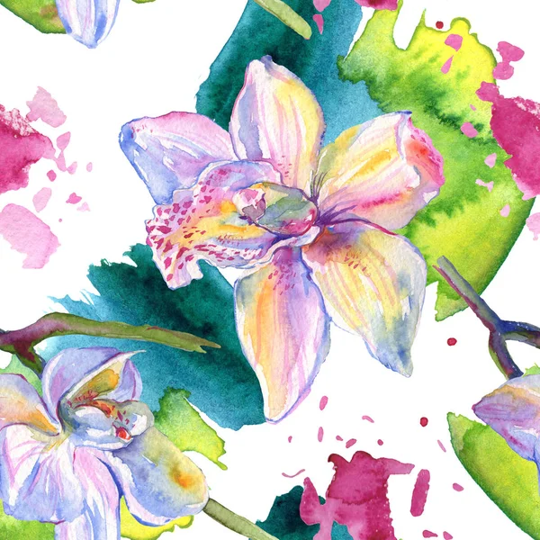 Fiori botanici floreali del Orchid. Acquerello sfondo illustrazione set. Modello di sfondo senza soluzione di continuità . — Foto stock