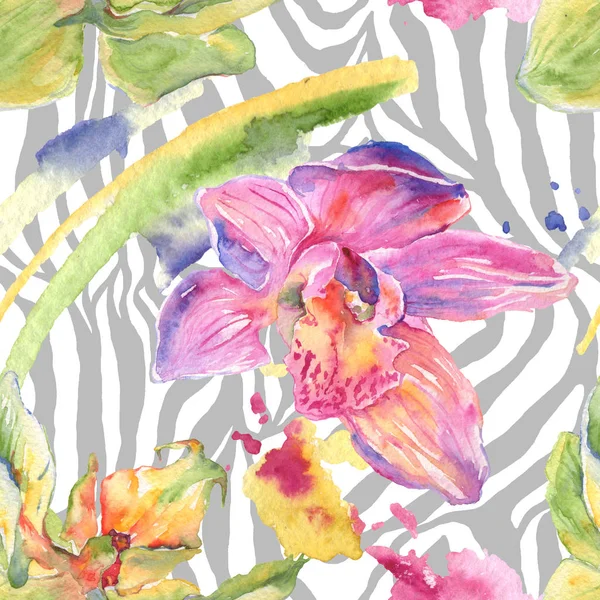 Orchid floral botanical flowers. Watercolor background illustration set. Seamless background pattern. — Stock Photo