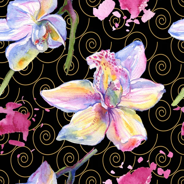 Fiori botanici floreali del Orchid. Acquerello sfondo illustrazione set. Modello di sfondo senza soluzione di continuità . — Foto stock