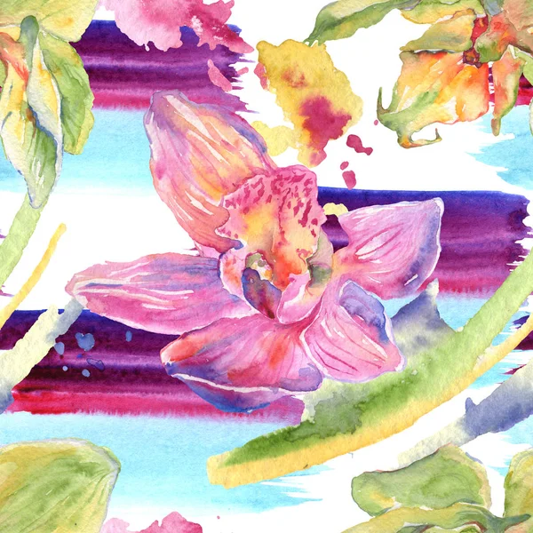 Орхідея квіткових ботанічних квітів. Набір ілюстрацій для акварельного фону. Безшовний візерунок тла . — стокове фото