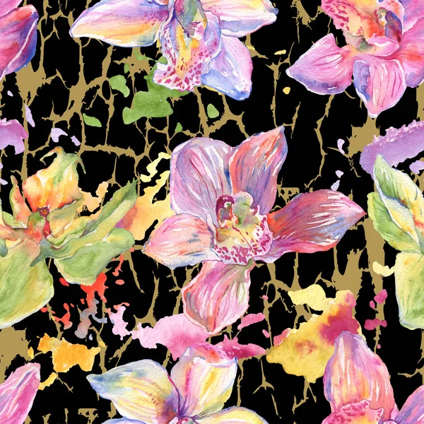 Orchid floral botanical flowers. Watercolor background illustration set. Seamless background pattern. — Stock Photo