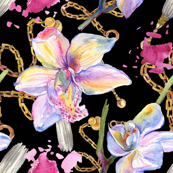 Fiori botanici floreali del Orchid. Acquerello sfondo illustrazione set. Modello di sfondo senza soluzione di continuità . — Foto stock