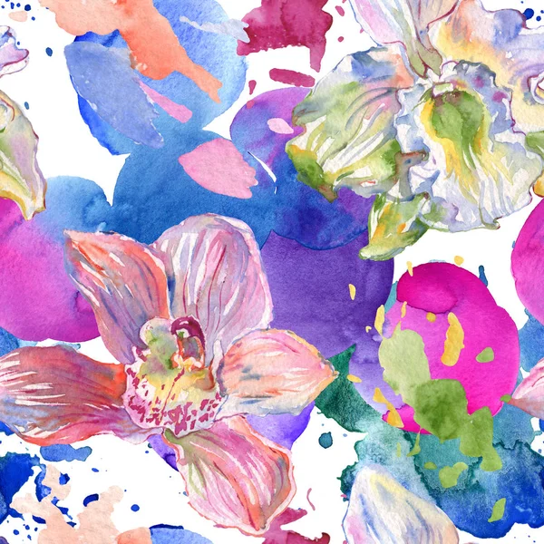 Orchid floral botanical flowers. Watercolor background illustration set. Seamless background pattern. — Stock Photo