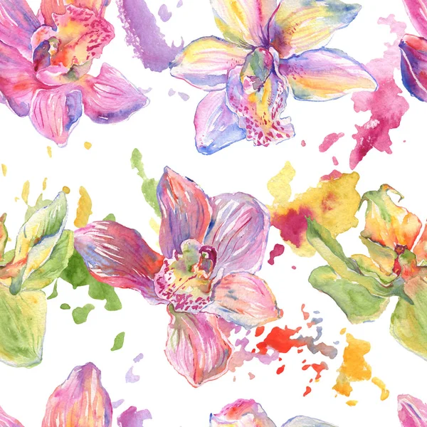 Flores botânicas florais de orquídea. Conjunto de ilustração de fundo aquarela. Padrão de fundo sem costura . — Fotografia de Stock