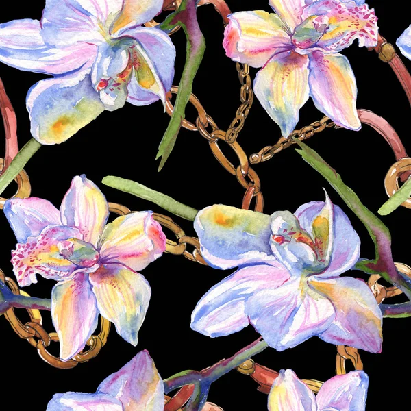 Fiori botanici floreali del Orchid. Acquerello sfondo illustrazione set. Modello di sfondo senza soluzione di continuità . — Foto stock