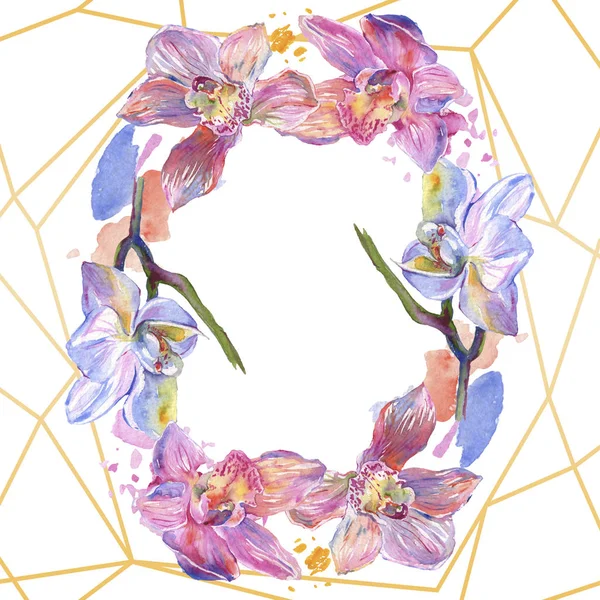 Fiori botanici floreali del Orchid. Acquerello sfondo illustrazione set. Quadrato ornamento bordo cornice . — Foto stock