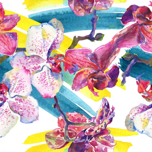 Fleurs botaniques florales d'orchidée. Ensemble d'illustration de fond aquarelle. Modèle de fond sans couture . — Photo de stock