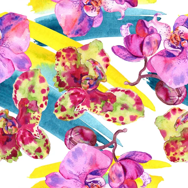 Orchidee Blumen botanische Blume. Aquarell Hintergrundillustration Set. nahtloses Hintergrundmuster. — Stockfoto