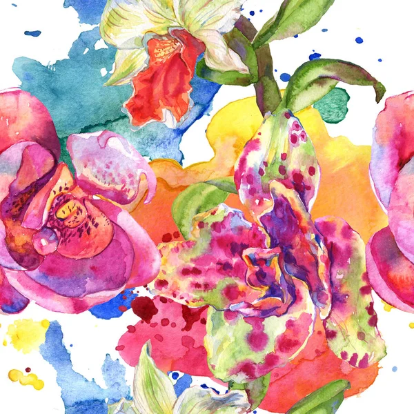 Orchidée fleur botanique florale. Ensemble d'illustration de fond aquarelle. Modèle de fond sans couture . — Stock Photo