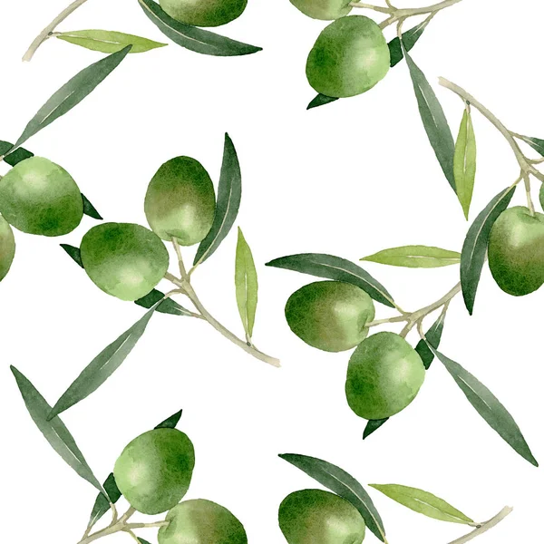 Olive branch with black and green fruit. Watercolor background illustration set. Seamless background pattern. — Stock Photo