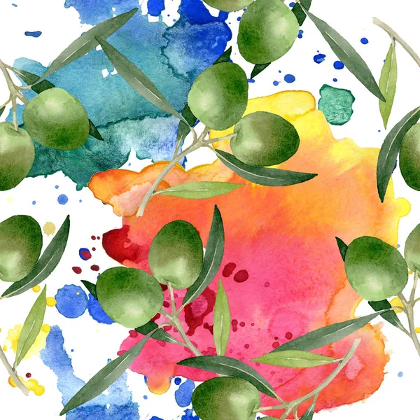 Olive branch with black and green fruit. Watercolor background illustration set. Seamless background pattern. — Stock Photo