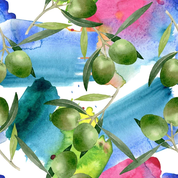 Olivenzweig mit schwarzen und grünen Früchten. Aquarell Hintergrundillustration Set. nahtloses Hintergrundmuster. — Stockfoto
