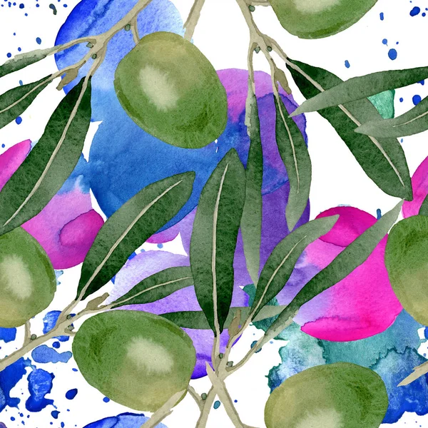Rama de olivo con fruta negra y verde. Conjunto de ilustración de fondo acuarela. Patrón de fondo sin costuras . - foto de stock