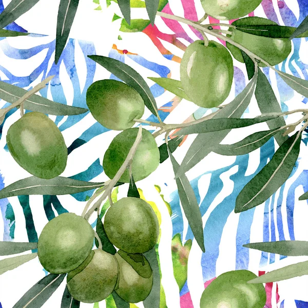 Ramo de azeitona com fruta preta e verde. Conjunto de ilustração de fundo aquarela. Padrão de fundo sem costura . — Fotografia de Stock