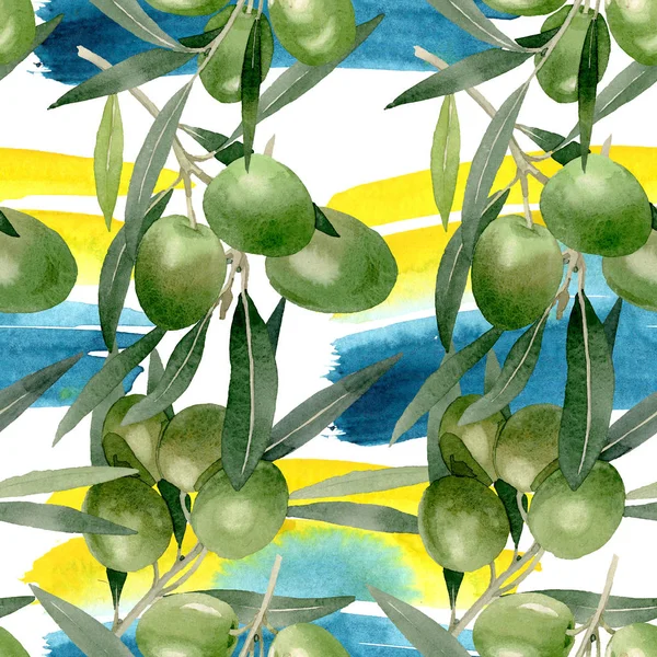 Olive branch with black and green fruit. Watercolor background illustration set. Seamless background pattern. — Stock Photo