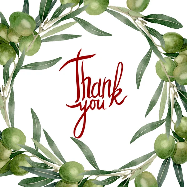 Olive branch with black and green fruit. Watercolor background illustration set. Frame border ornament square. — Stock Photo