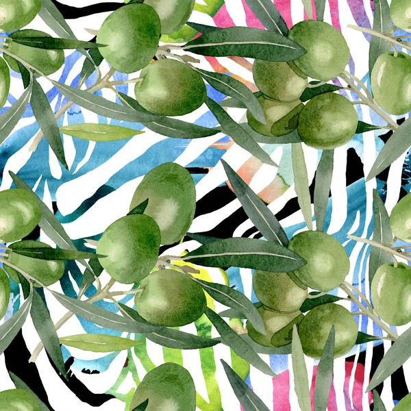 Olive branch with black and green fruit. Watercolor background illustration set. Seamless background pattern. — Stock Photo