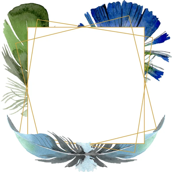 Vogelfeder vom Flügel isoliert. Aquarell Hintergrundillustration Set. Rahmen Rand Ornament Quadrat. — Stockfoto