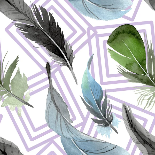 Bird feather from wing isolated. Watercolor background illustration set. Seamless background pattern. — Stock Photo