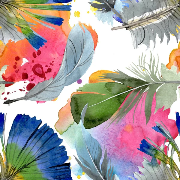 Bird feather from wing isolated. Watercolor background illustration set. Seamless background pattern. — Stock Photo