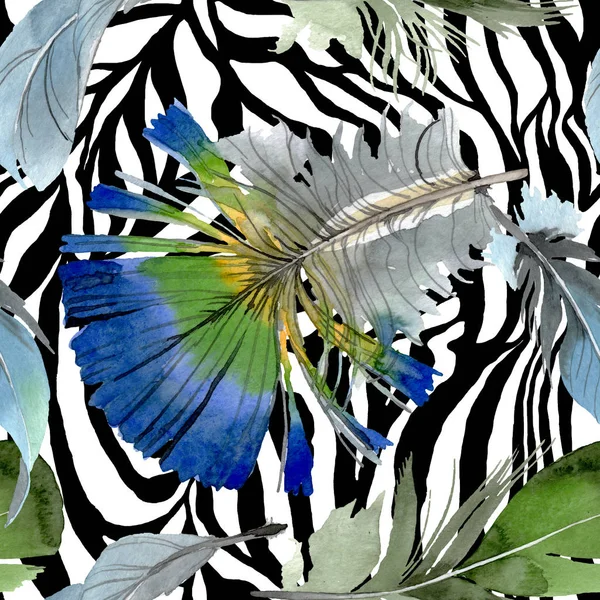 Pluma de pájaro de ala aislada. Conjunto de ilustración de fondo acuarela. Patrón de fondo sin costuras . - foto de stock