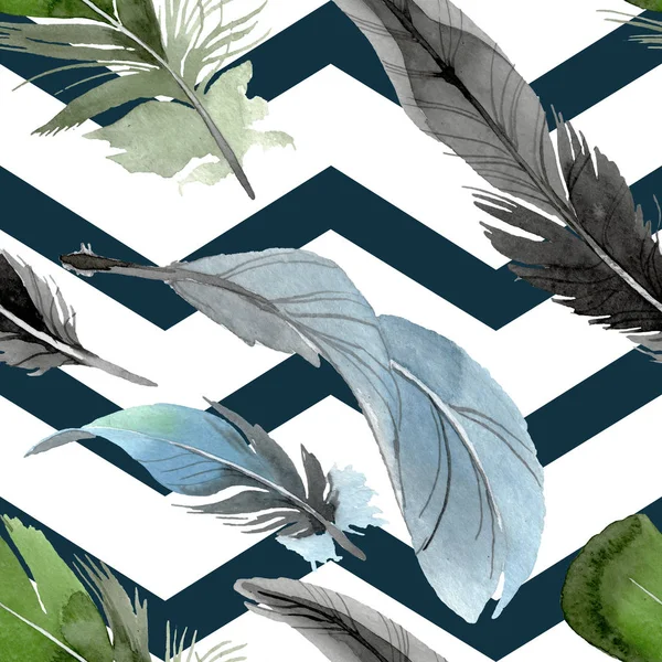 Bird feather from wing isolated. Watercolor background illustration set. Seamless background pattern. — Stock Photo