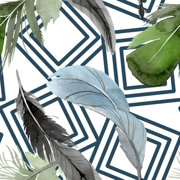 Vogelfeder vom Flügel isoliert. Aquarell Hintergrundillustration Set. nahtloses Hintergrundmuster. — Stockfoto