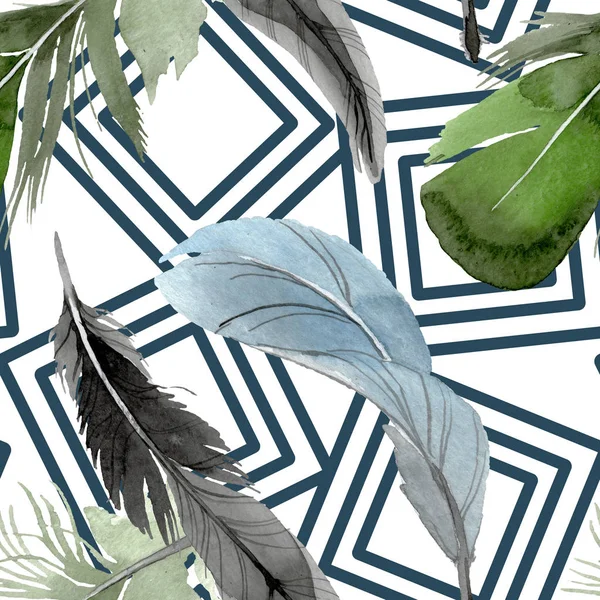 Bird feather from wing isolated. Watercolor background illustration set. Seamless background pattern. — Stock Photo