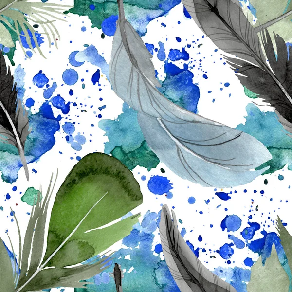 Bird feather from wing isolated. Watercolor background illustration set. Seamless background pattern. — Stock Photo