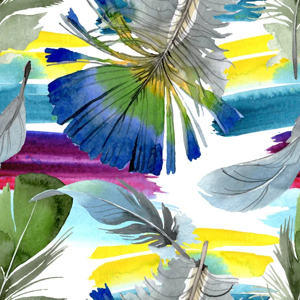 Bird feather from wing isolated. Watercolor background illustration set. Seamless background pattern. — Stock Photo