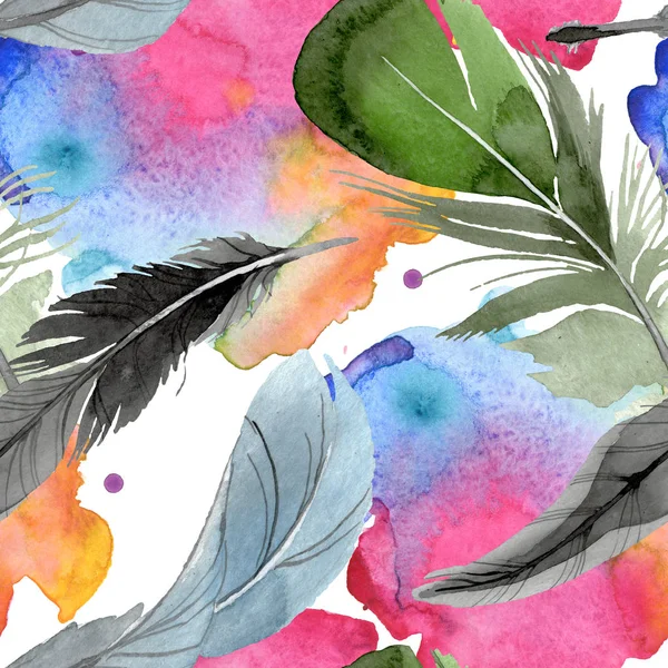 Bird feather from wing isolated. Watercolor background illustration set. Seamless background pattern. — Stock Photo