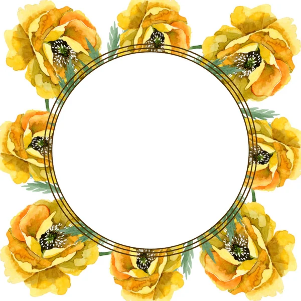 Fiori botanici floreali di papavero giallo. Acquerello sfondo illustrazione set. Quadrato ornamento bordo cornice . — Stock Photo