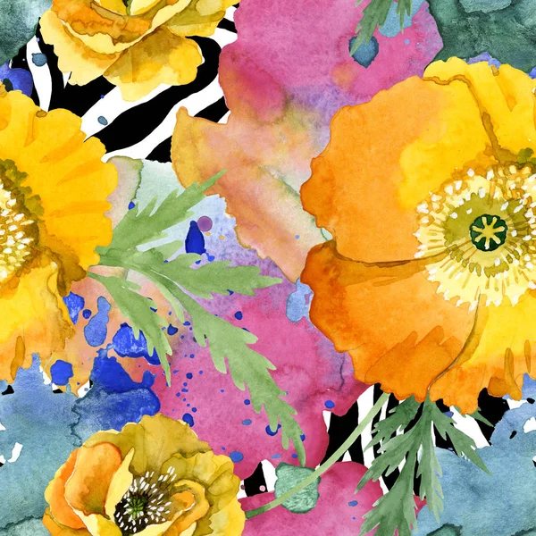 Botanische Blüten des gelben Mohns. Aquarell Hintergrundillustration Set. nahtloses Hintergrundmuster. — Stockfoto