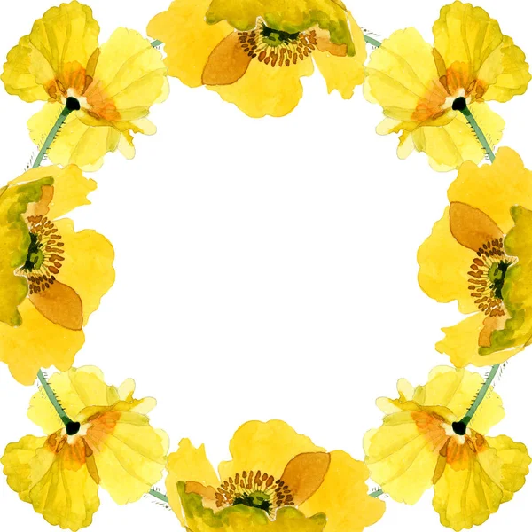Yellow poppy floral botanical flowers. Watercolor background illustration set. Frame border ornament square. — Stock Photo