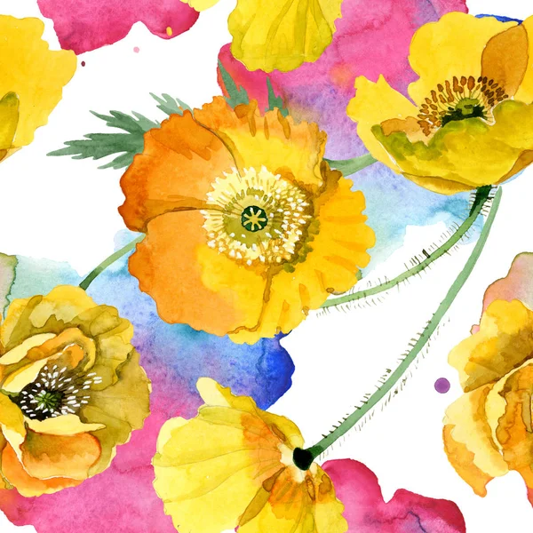 Flores botánicas florales de amapola amarilla. Conjunto de ilustración de fondo acuarela. Patrón de fondo sin costuras . - foto de stock