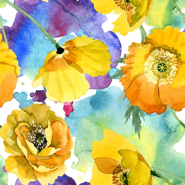 Flores botánicas florales de amapola amarilla. Conjunto de ilustración de fondo acuarela. Patrón de fondo sin costuras . - foto de stock