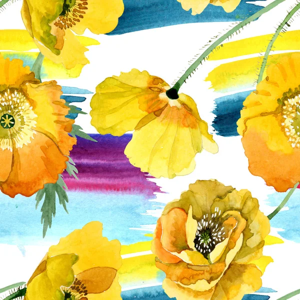 Botanische Blüten des gelben Mohns. Aquarell Hintergrundillustration Set. nahtloses Hintergrundmuster. — Stockfoto
