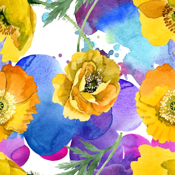 Botanische Blüten des gelben Mohns. Aquarell Hintergrundillustration Set. nahtloses Hintergrundmuster. — Stockfoto