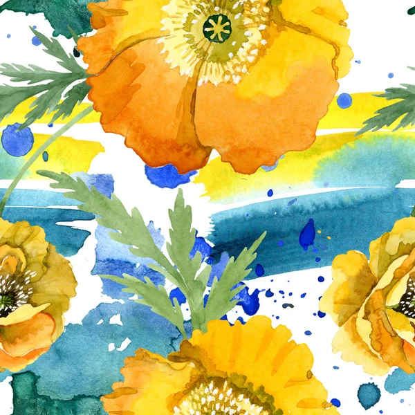 Fiori botanici floreali di papavero giallo. Acquerello sfondo illustrazione set. Modello di sfondo senza soluzione di continuità . — Foto stock