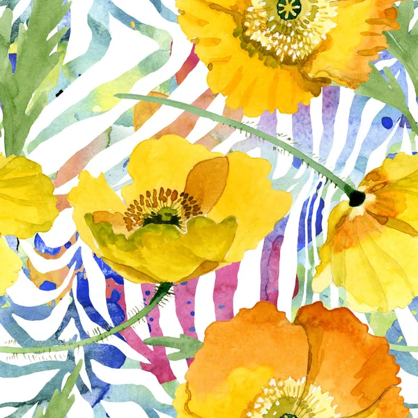 Жовті макові квіткові ботанічні квіти. Набір ілюстрацій для акварельного фону. Безшовний візерунок тла . — стокове фото