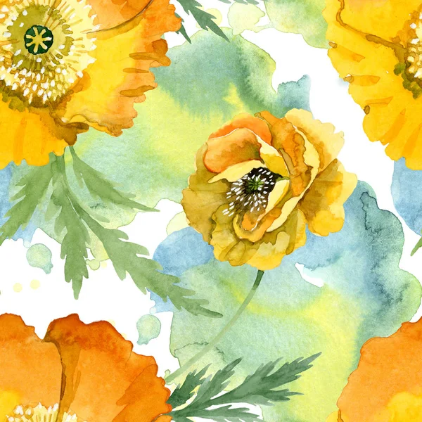 Fiori botanici floreali di papavero giallo. Acquerello sfondo illustrazione set. Modello di sfondo senza soluzione di continuità . — Foto stock