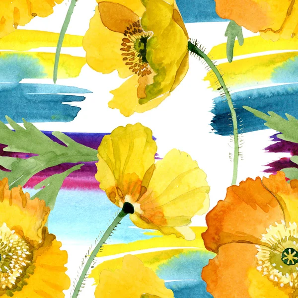 Fiori botanici floreali di papavero giallo. Acquerello sfondo illustrazione set. Modello di sfondo senza soluzione di continuità . — Foto stock