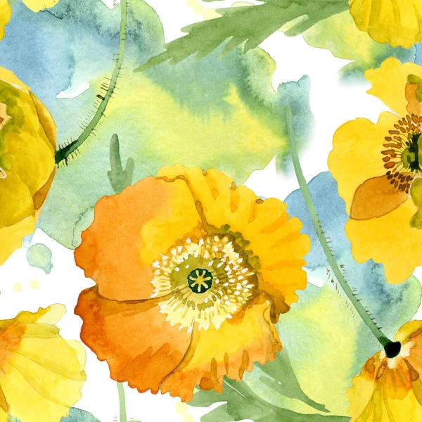 Fleurs botaniques florales de pavot jaune. Ensemble d'illustration de fond aquarelle. Modèle de fond sans couture . — Photo de stock