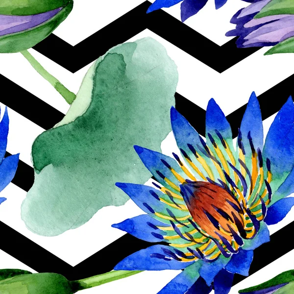 Botanische Blüten aus blauem Lotus. Aquarell Hintergrundillustration Set. nahtloses Hintergrundmuster. — Stockfoto