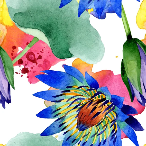 Сині лотосові квіткові ботанічні квіти. Набір ілюстрацій для акварельного фону. Безшовний візерунок тла . — стокове фото