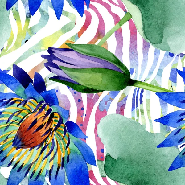 Сині лотосові квіткові ботанічні квіти. Набір ілюстрацій для акварельного фону. Безшовний візерунок тла . — стокове фото