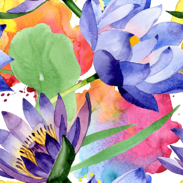 Blue lotus floral botanical flowers. Watercolor background illustration set. Seamless background pattern. — Stock Photo