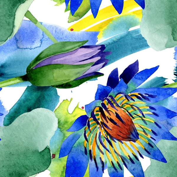 Botanische Blüten aus blauem Lotus. Aquarell Hintergrundillustration Set. nahtloses Hintergrundmuster. — Stockfoto