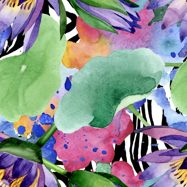 Blue lotus floral botanical flowers. Watercolor background illustration set. Seamless background pattern. — Stock Photo