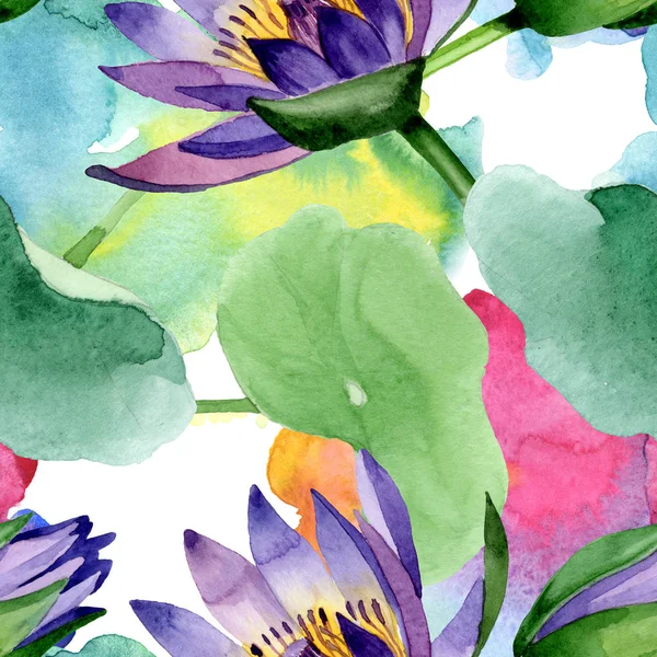 Botanische Blüten aus blauem Lotus. Aquarell Hintergrundillustration Set. nahtloses Hintergrundmuster. — Stockfoto